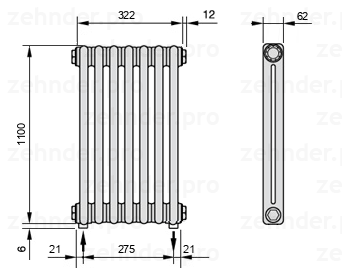 Схема (чертеж) Радиатор Zehnder Charleston 2110/7 №5310 Белый глянцевый RAL 9016